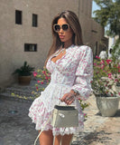 Chic Printed Waist Long Sleeve Short Lace Dress in Purple Pink