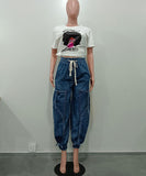 Loose Straight Leg Jeans With Drawstring Tie And Bow Detail