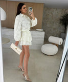 Lace Cutout Casual Long Sleeve Set in White Black Green Apricot