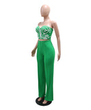 Chic Strapless Two-Piece Outfit with Solid Long Pants