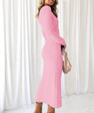 Sexy Long Sleeve Pleated Dress Multicolor Apricot Pink