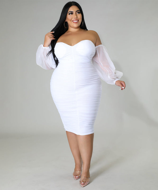 Chic TIGHT MESH PLEATED LONG-SLEEVED PLUS-SIZE WOMEN'S DRESS