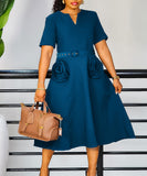 V Neck Short Sleeve Cinched Waist A Line Dress