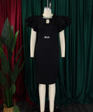 Round Neck Ruffled Sleeve Diamond Studded Halter Dress
