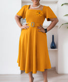 Square Neck High Waisted Large Hem Dress in Solid Color
