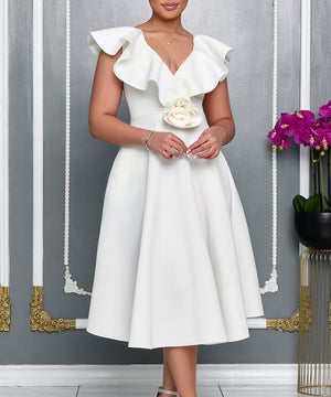 V Neck Ruffled Floral Evening Dress for Elegant Banquets