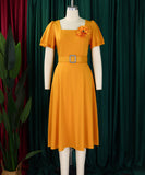 Square Neck High Waisted Large Hem Dress in Solid Color
