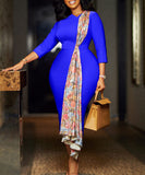 Fitted Blue Pencil Skirt Dress with Continuous Design