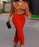 Stylish Printed Long-Sleeved Shirt Wide-Leg Pants Fashion Suit