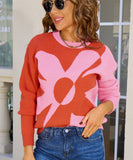 Relaxed Floral Patchwork Pullover Sweater Long Sleeve