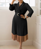 Elegant Women's Suit-Style Pleated Dress with Belt and Collar
