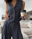 V Neck Sleeveless Vest and Wide Leg Trousers Set in Grey Khaki