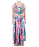 Plaid Sleeveless Blazer With Wide Skirt Set In Vibrant Colors