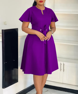 Plus Size Solid Color Lace Up Short Sleeve Dress for Women