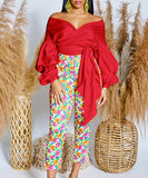 Off Shoulder Cross Belted V Neck Balloon Sleeve Sexy Shirt