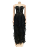 Rhinestone Strapless Net Dress Voluminous Silhouette Elegant Party Gown Sparkle Accents