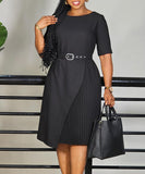 Fashionable High-Waisted Pleated Dress With Five-Quarter Sleeves
