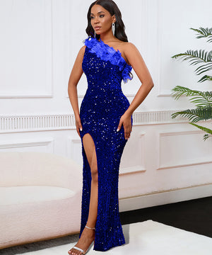 Glamour Skew Neckline High-Waisted Slit Sequin Dress Elegance