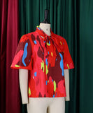Printed Lace-Up Short-Sleeved Shirt with Puffy Sleeves for Women
