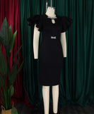 Round Neck Ruffled Sleeve Diamond Studded Halter Dress