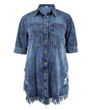 Denim Dress With Frayed Hem And Fringed Sleeves
