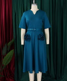 V Neck Short Sleeve Cinched Waist A Line Dress