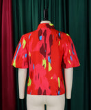 Printed Lace-Up Short-Sleeved Shirt with Puffy Sleeves for Women