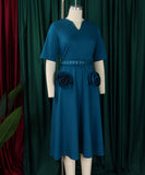 V Neck Short Sleeve Cinched Waist A Line Dress