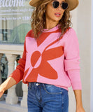 Relaxed Floral Patchwork Pullover Sweater Long Sleeve