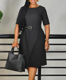 Fashionable High-Waisted Pleated Dress With Five-Quarter Sleeves