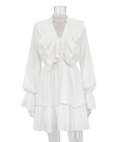 Elegant V-Neck White Dress with Flared Sleeves and Ruffled Details