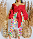 Off Shoulder Cross Belted V Neck Balloon Sleeve Sexy Shirt