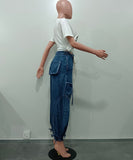 Loose Straight Leg Jeans With Drawstring Tie And Bow Detail
