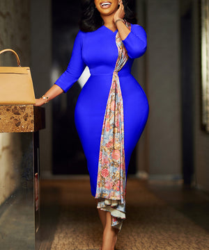 Fitted Blue Pencil Skirt Dress with Continuous Design