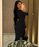 Solid Color Pleated High Waisted Fitted Long Black Dress