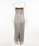 Sequin Halter Evening Gown In Light Apricot Polyester