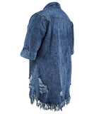 Denim Dress With Frayed Hem And Fringed Sleeves