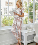 Comfortable Pocket Short-Sleeved Home Wear Pants Set in Brown