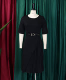Fashionable High-Waisted Pleated Dress With Five-Quarter Sleeves
