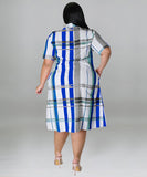 Plus Size Checkered Shirt Dress Short Sleeve Cowl Neck Polyester