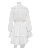 Elegant V-Neck White Dress with Flared Sleeves and Ruffled Details