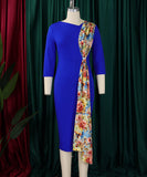 Fitted Blue Pencil Skirt Dress with Continuous Design