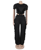 Solid Color Short Sleeve Stretch Fringed Clothing Set