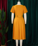 Square Neck High Waisted Large Hem Dress in Solid Color