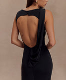 Round-Neck Backless Sleeveless Pleated Slit Dress Elegant Evening Cocktail Party Attire