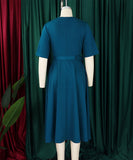 V Neck Short Sleeve Cinched Waist A Line Dress