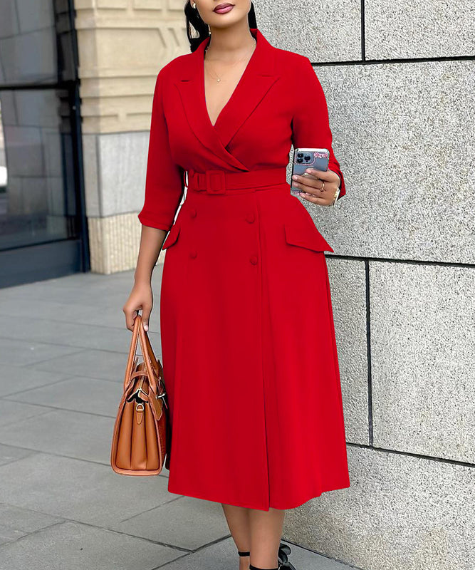 Seductive Solid Color Dress With Tailored Collar and Belt in Red Blue Green