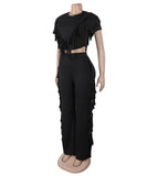 Solid Color Short Sleeve Stretch Fringed Clothing Set