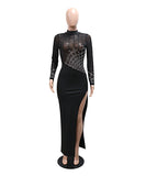 Sequined High-Neck Evening Dress Long-Sleeve High-Slit