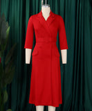 Seductive Solid Color Dress With Tailored Collar and Belt in Red Blue Green